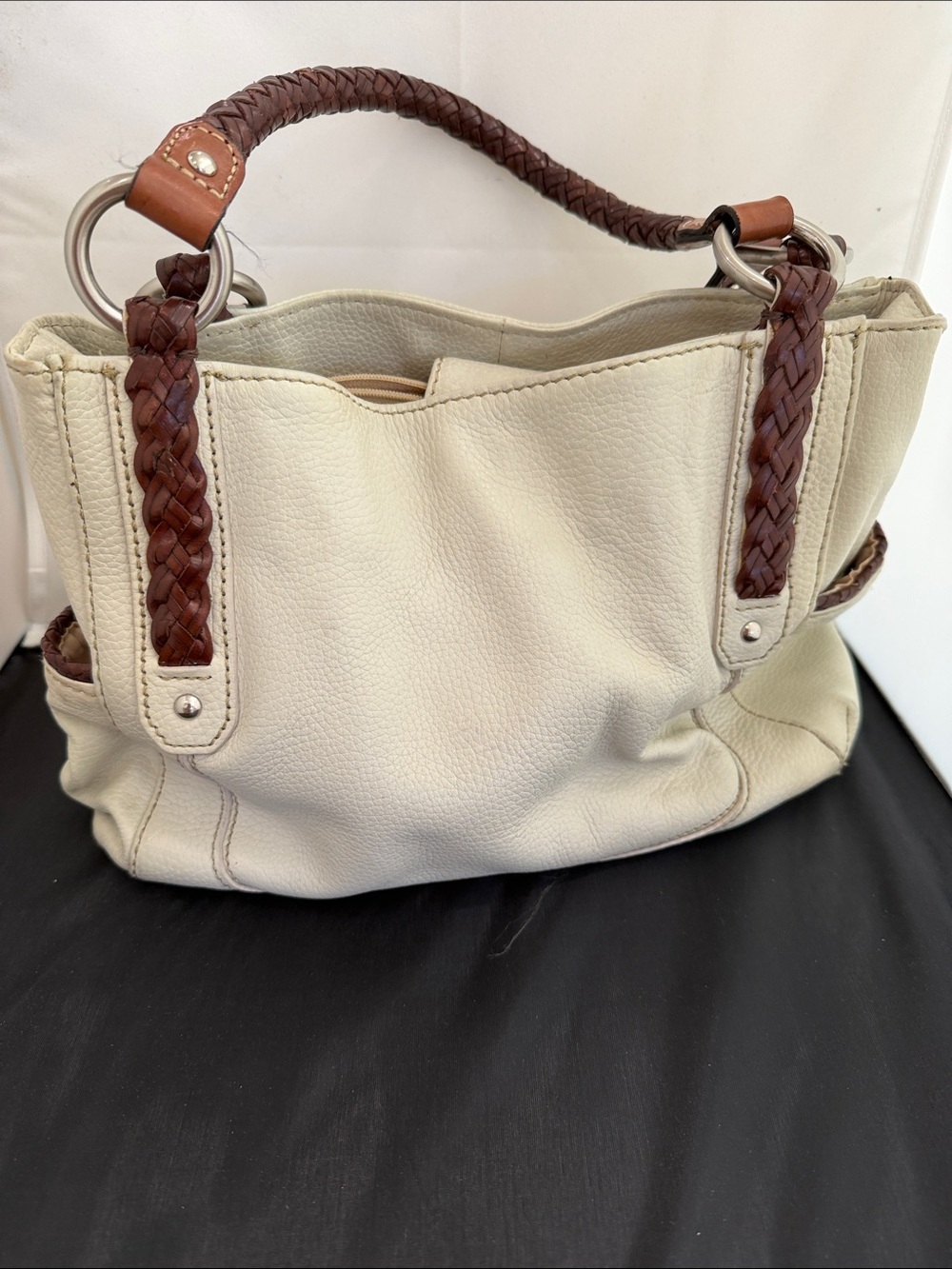 Vintage Fossil Cream Pebbled Leather Satchel Bag Braided Handles 75082